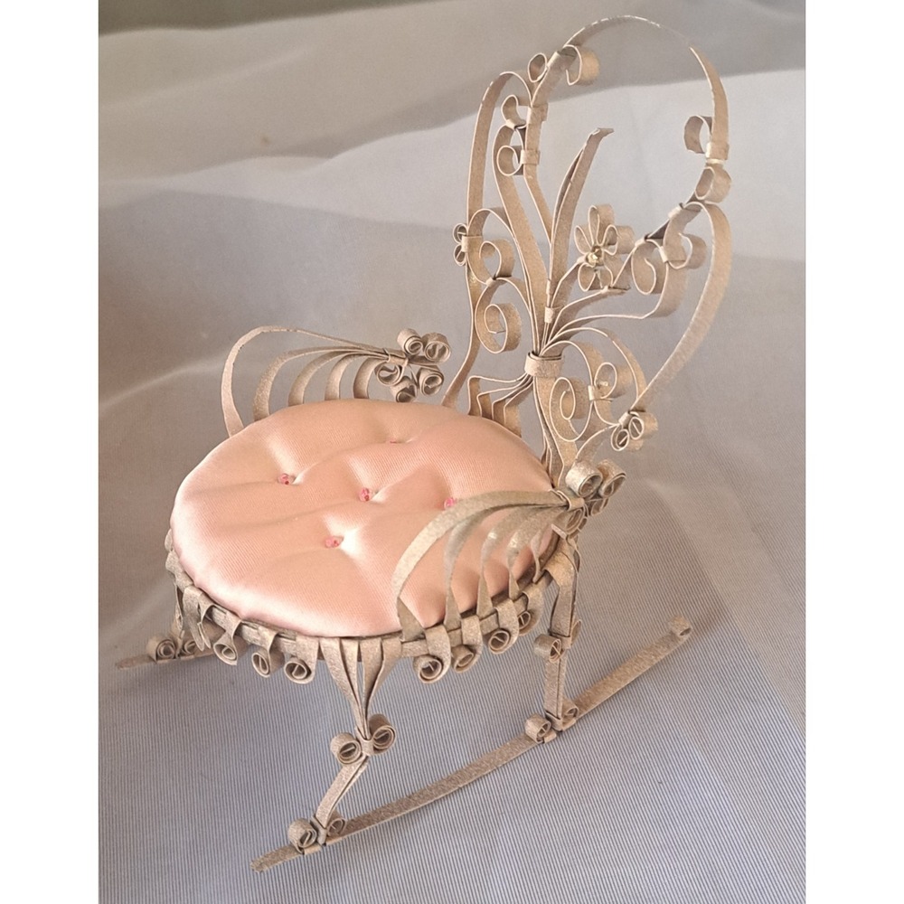 Folk Art Chair Soda Pop Tin Can Pin Cushion Scroll Quill Work Doll Chair - Picture 8 of 8